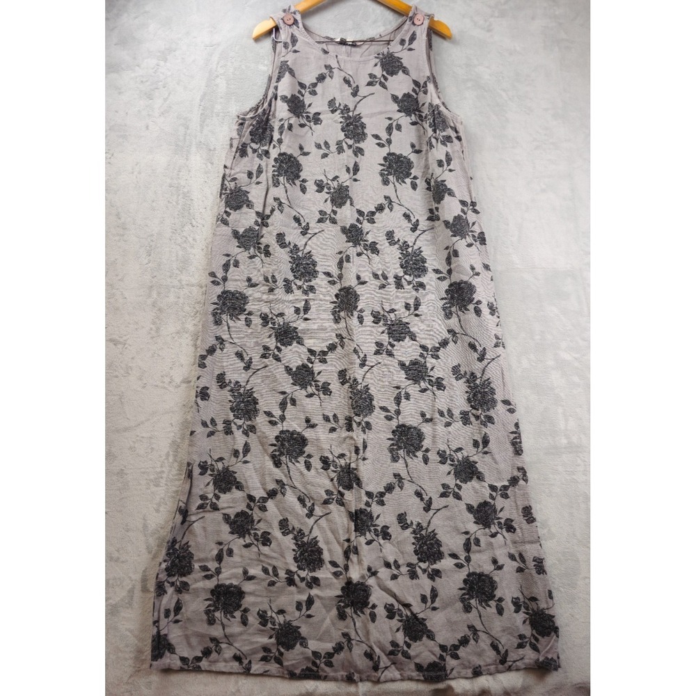 Vintage Uniform John Paul Richard Gray Black Roses Floral 100% Linen Maxi Dress